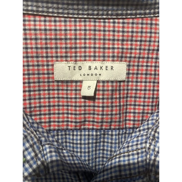 Ted Baker Shirt Mens 5 XL Blue Button Up Gingham Check Chambray Collar Elbow - Picture 5 of 9